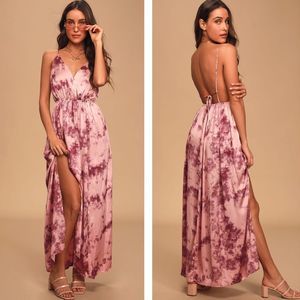 Lulu’s Sunset Cruise Blush and Magenta Tie-Dye Satin Maxi Dress M